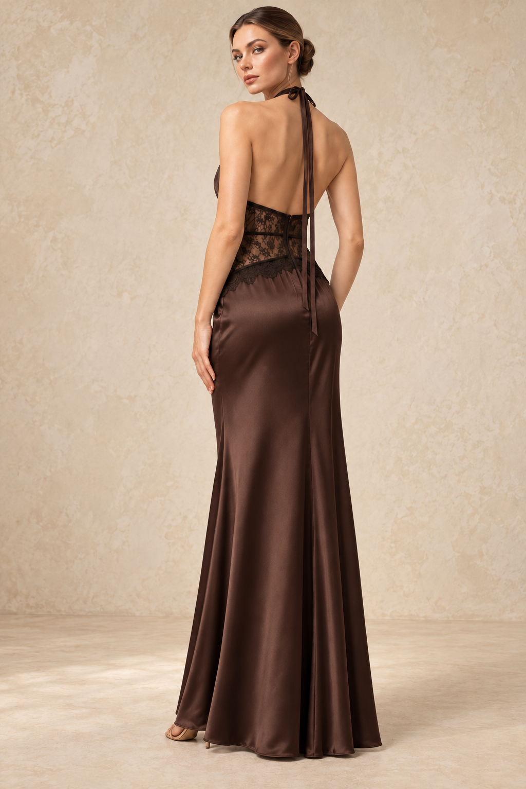 Lace Waist Satin Halter Maxi Dress