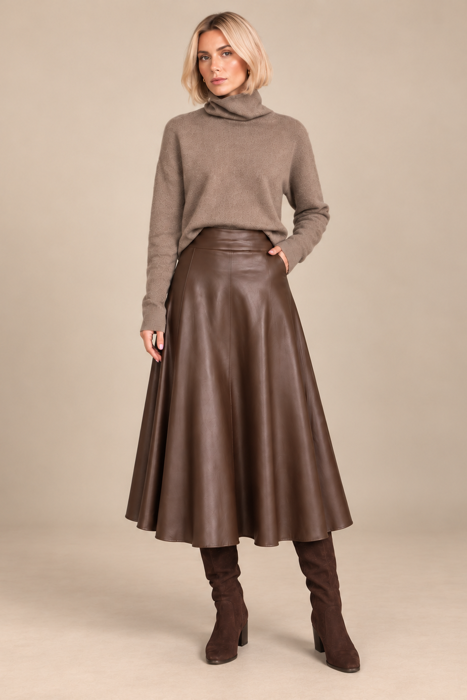 A woman stands against a plain beige studio background wearing a taupe turtleneck sweater, a brown flared skirt, and brown knee-high boots.