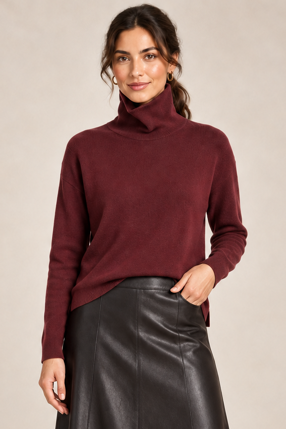 A woman modeling a dark burgundy turtleneck sweater and a black faux-leather A-line midi skirt, paired with dark brown knee-high heeled boots, against a warm beige studio background.