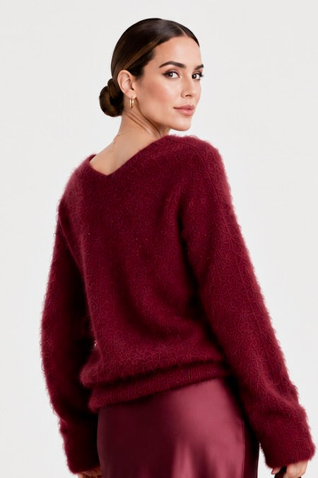 Burgundy Brushed Wool V-Neck Sweater