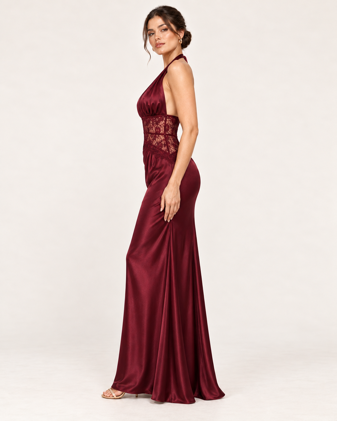 Lace Waist Satin Halter Maxi Dress