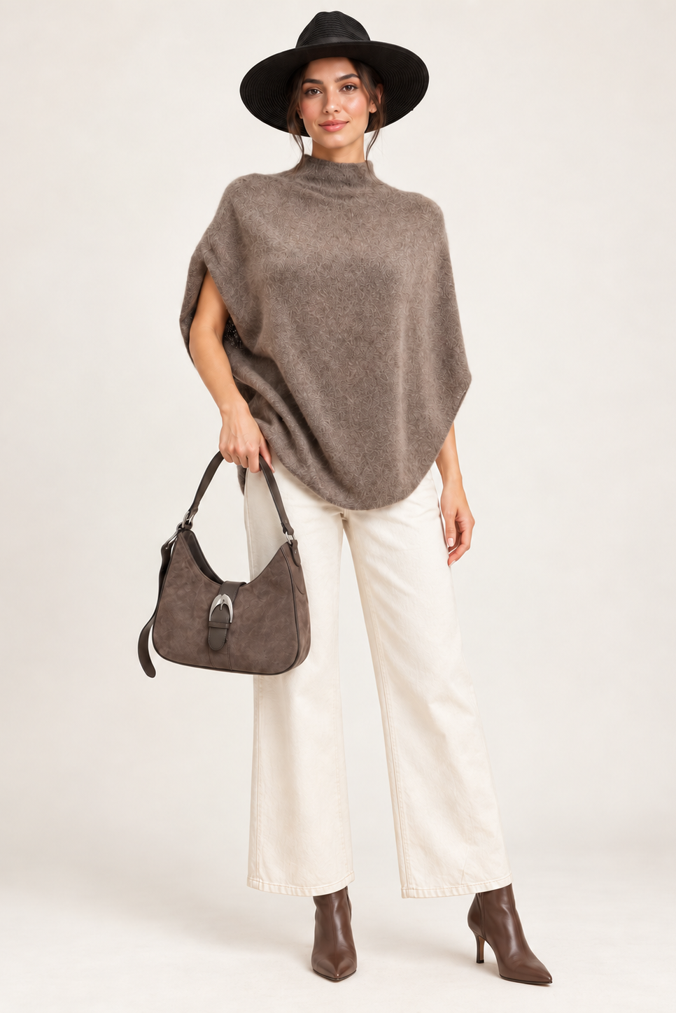 A model wearing a taupe brown fuzzy poncho sweater, white wide-leg pants, brown ankle boots, a black wide-brim hat, and holding a taupe brown handbag against a light beige studio background.