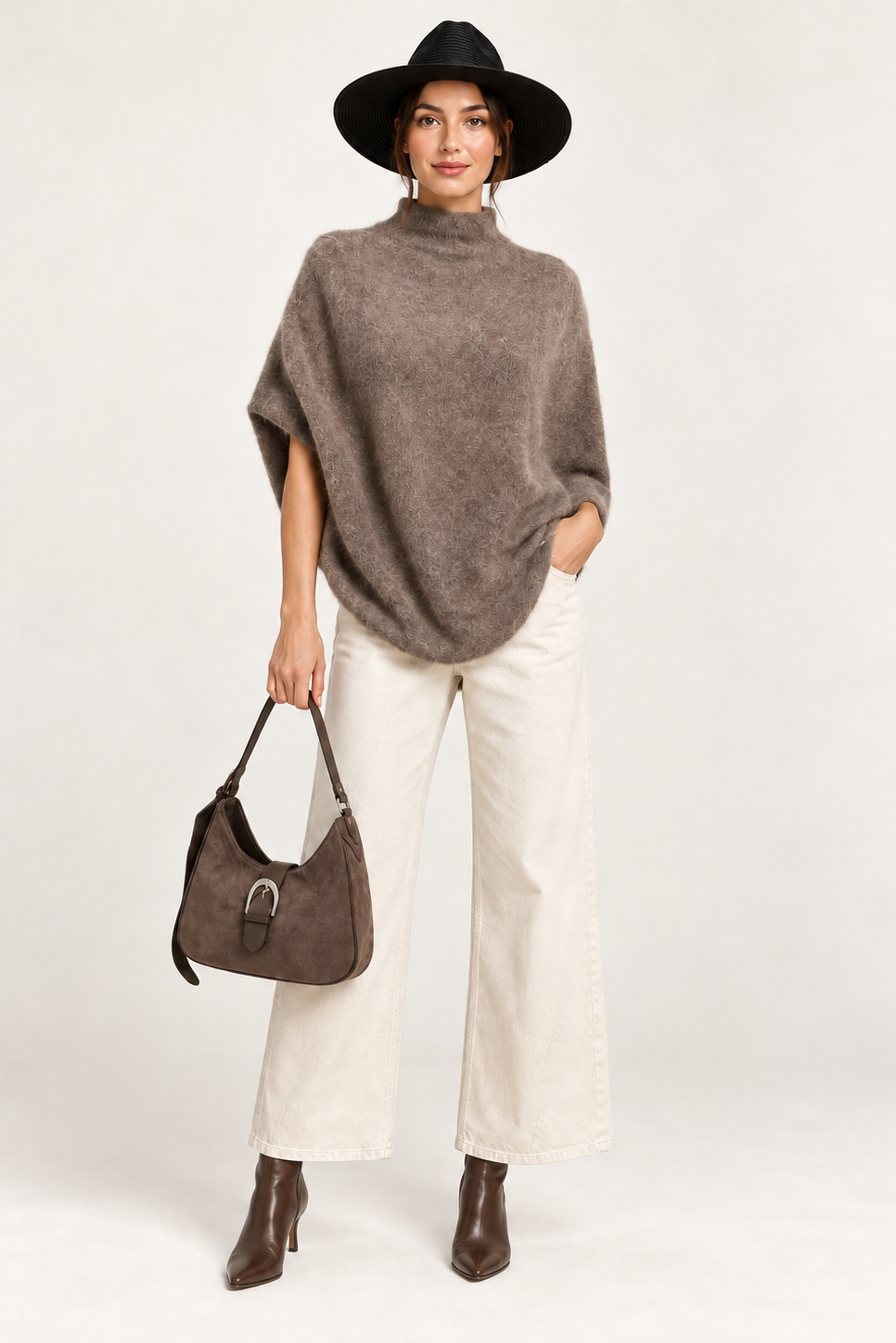 A model wearing a brown fuzzy poncho sweater, off-white wide-leg jeans, brown ankle boots, a black wide-brim hat, and holding a brown handbag against a light gray studio background.
