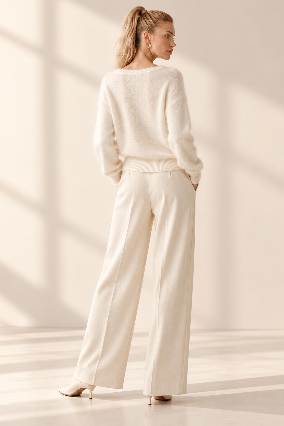 A woman stands with her back to the camera wearing a cream knit sweater and matching wide-leg trousers, styled with beige heels in a brightly lit studio with soft window shadows.
