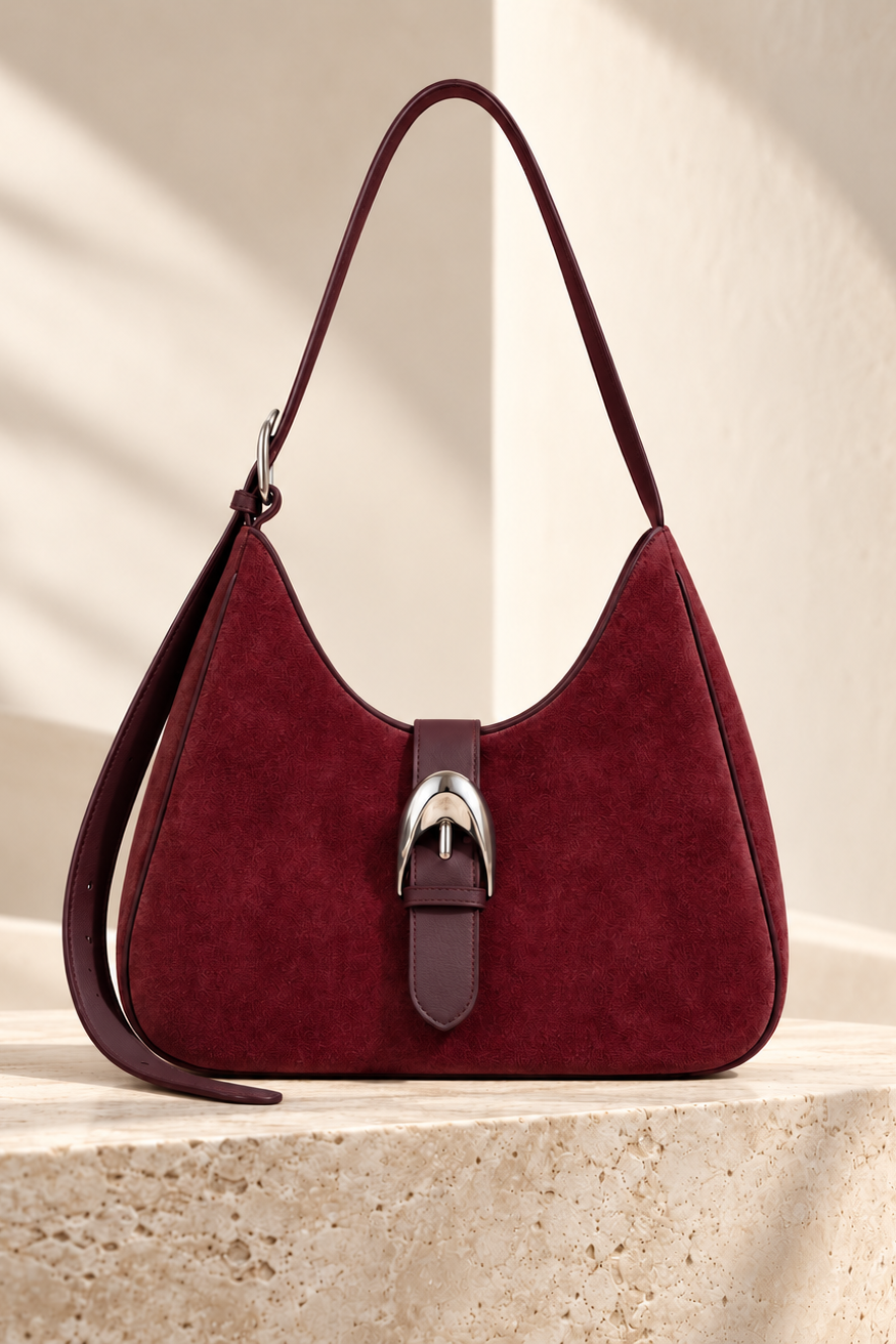 A deep burgundy suede shoulder bag with a silver-tone horsebit buckle closure, displayed on a textured stone pedestal against a warm beige background with soft shadows.
