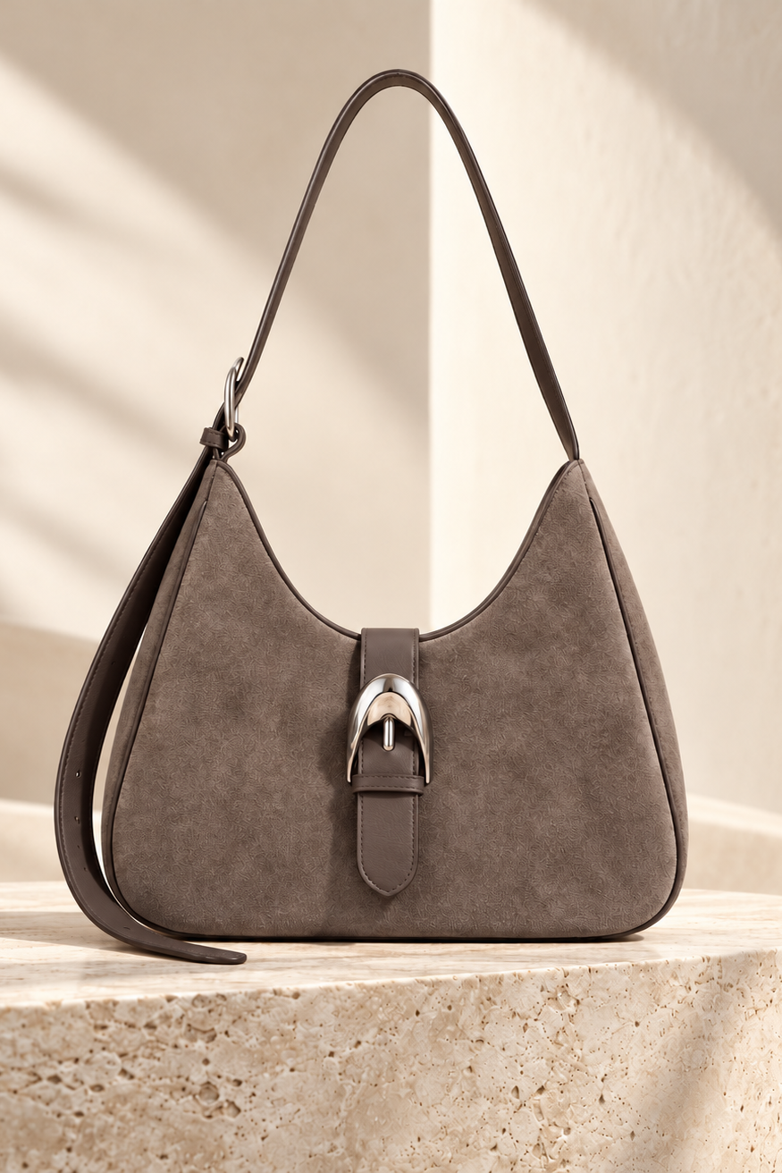 A taupe-brown suede shoulder bag with a silver horsebit detail on the front, displayed on a textured stone pedestal against a warm beige background with soft shadows.