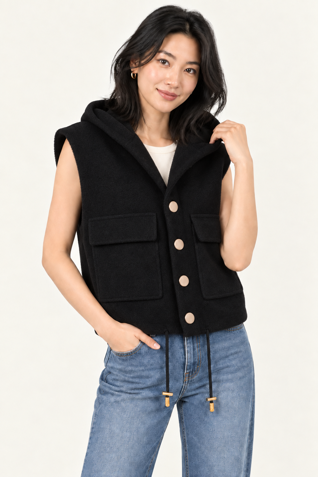 White Hooded Drawstring Vest