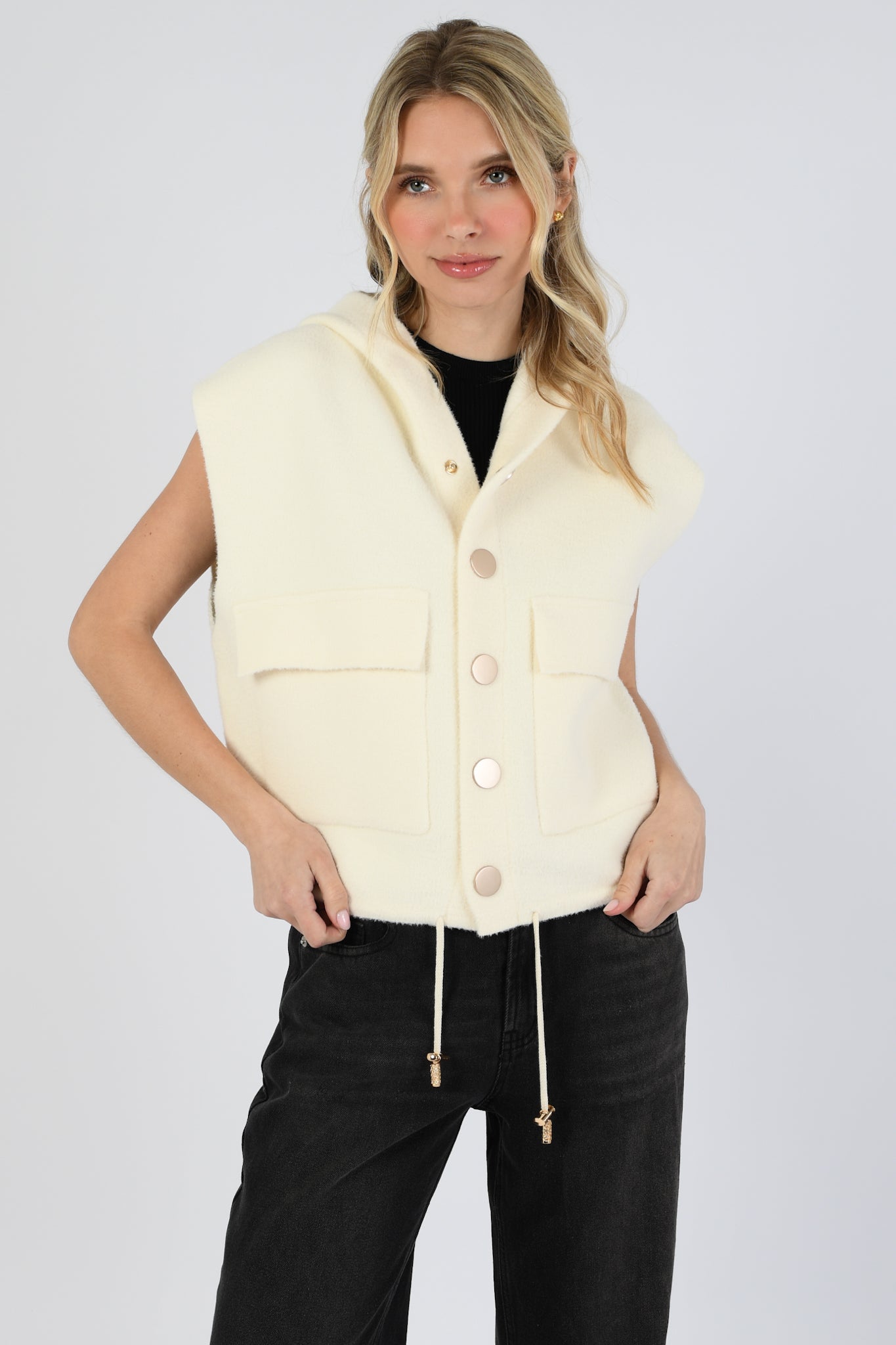 Beige Hooded Drawstring Vest