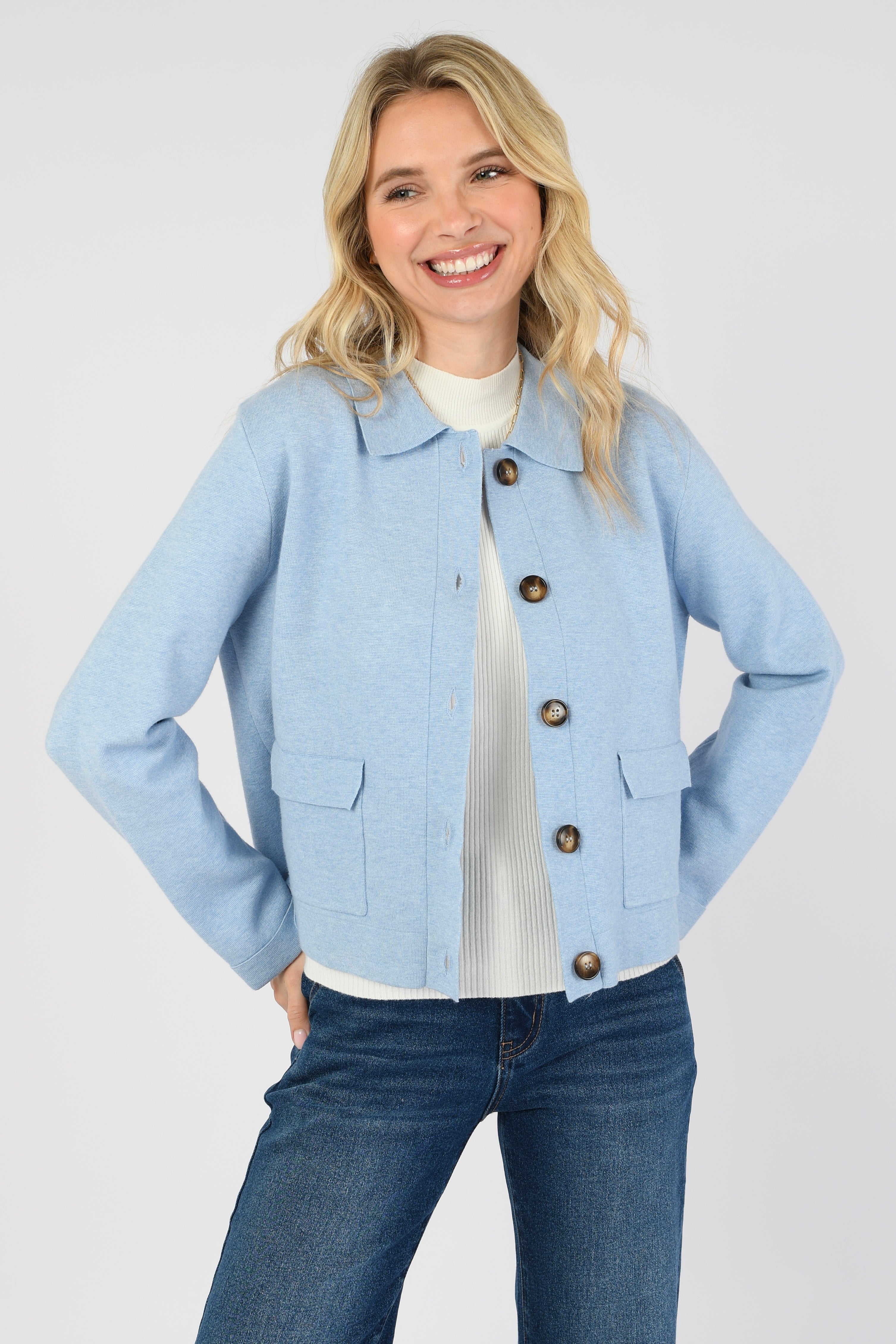 Collared Knit Jacket Silver Blue