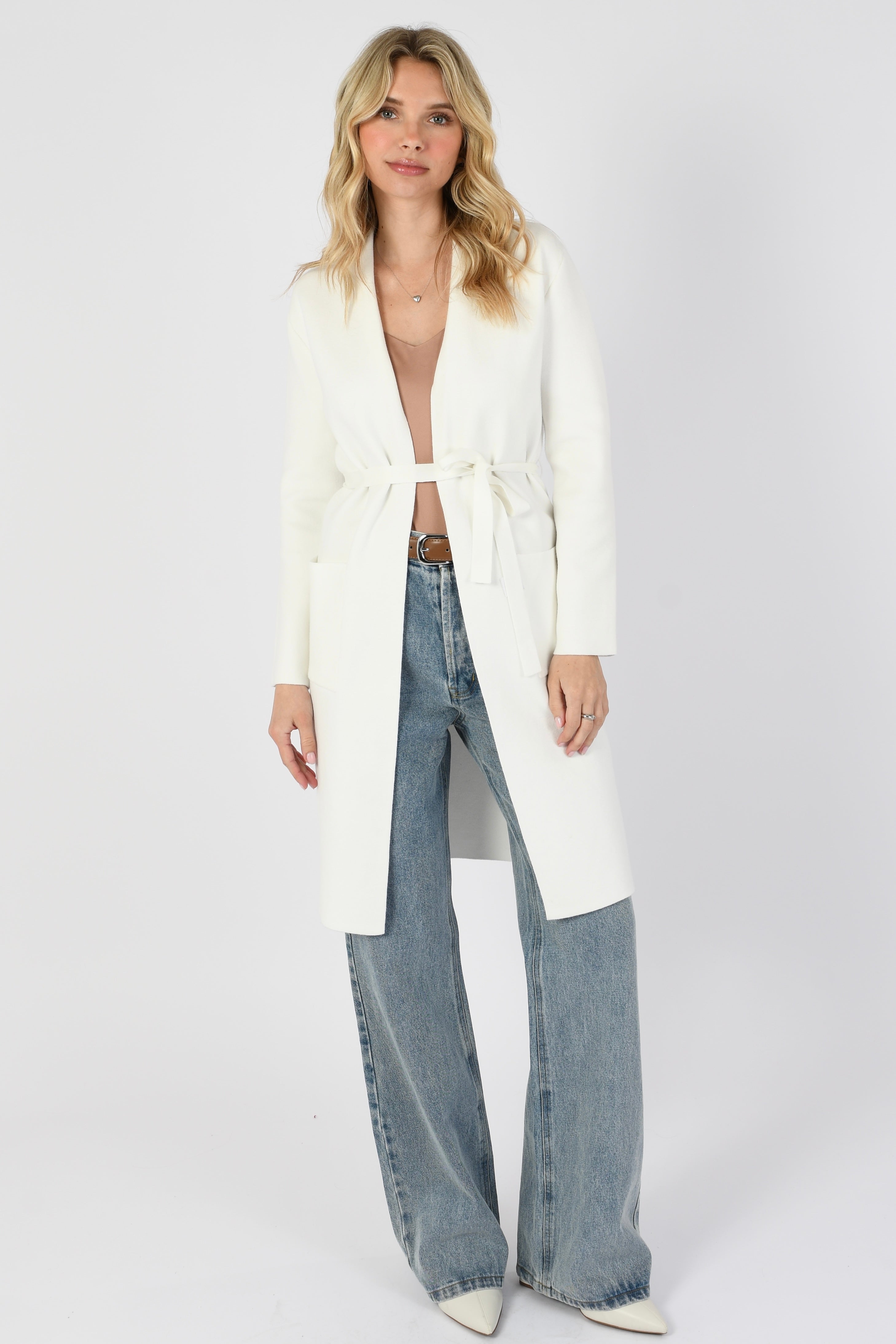 Collarless Belted Cardigan Winter White