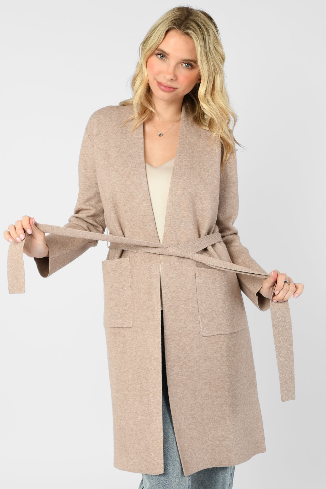 Collarless Belted Cardigan Latte