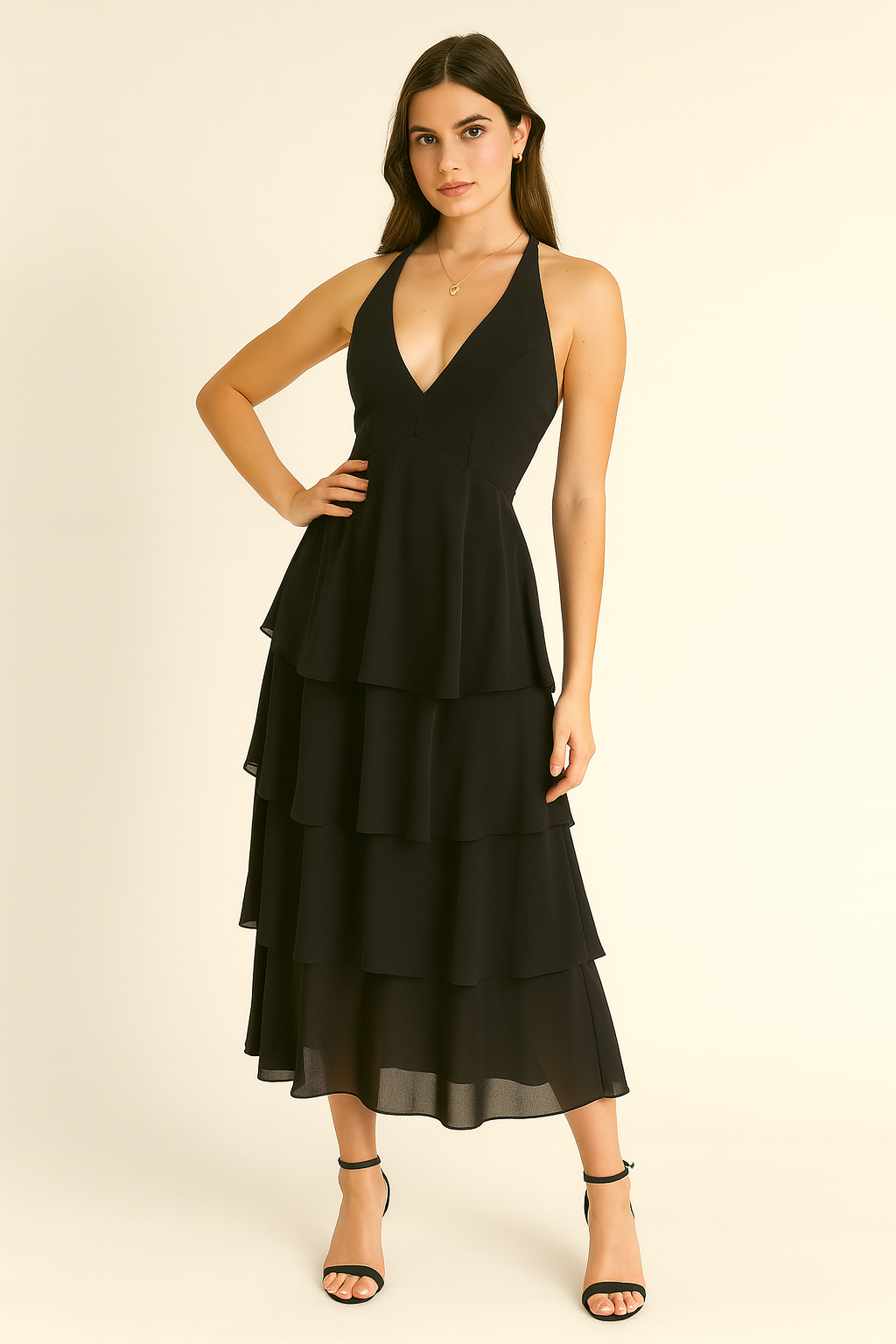 Model wearing Deep V Tiered Chiffon Maxi Dress