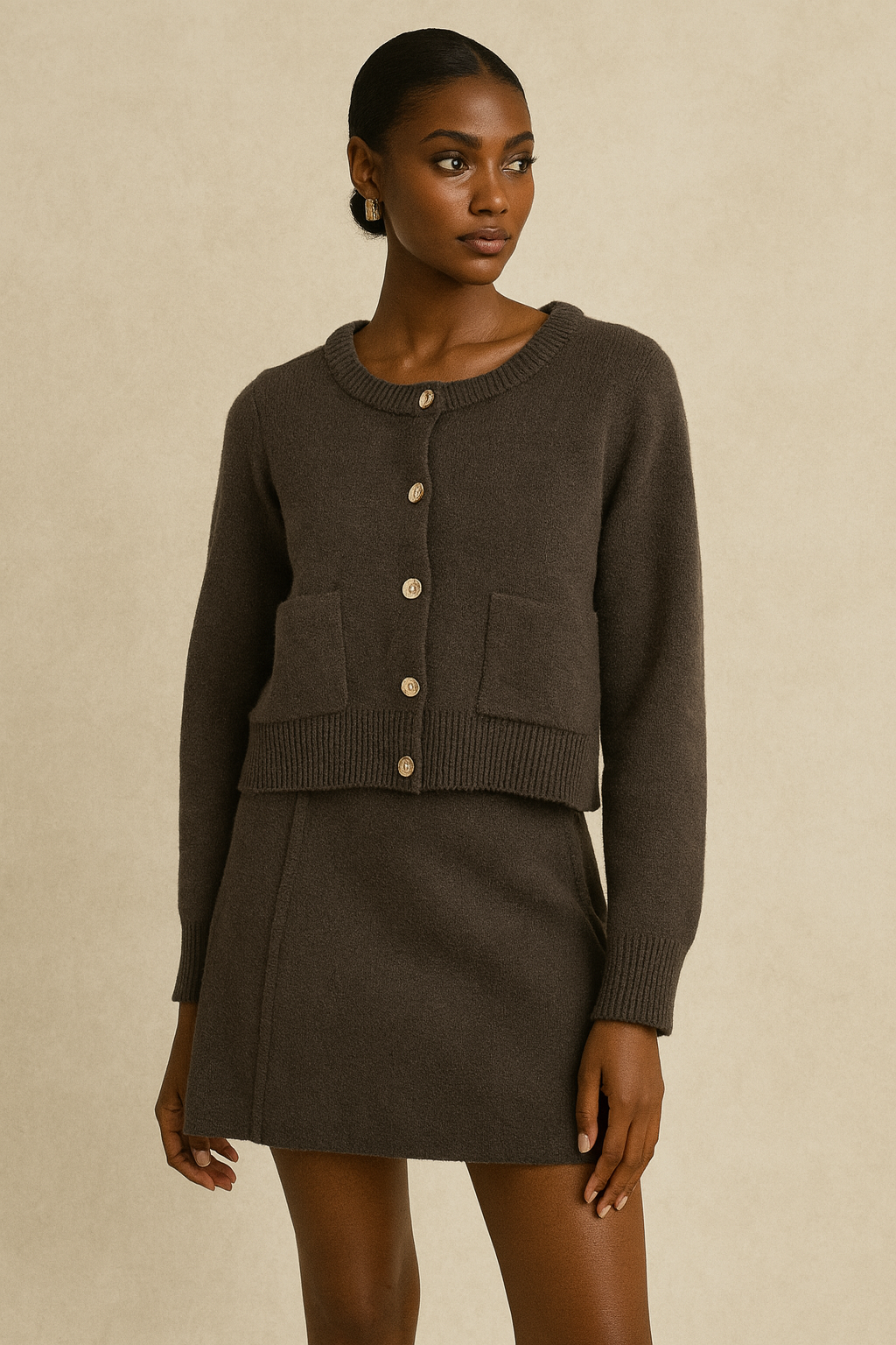 Model wearing soft knit set in brown