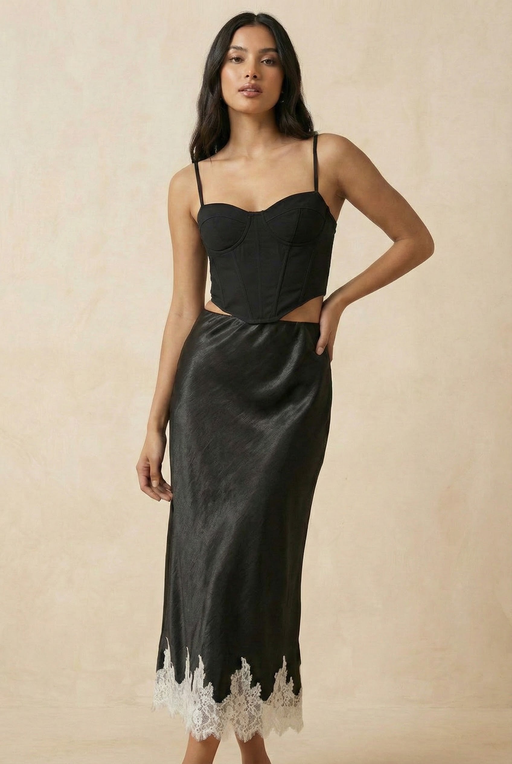 Satin Midi Skirt with Lace Trim