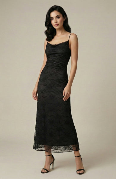 Black Lace Mesh Maxi Dress - Black / Small Black Lace Mesh Maxi Dress - Black / Small