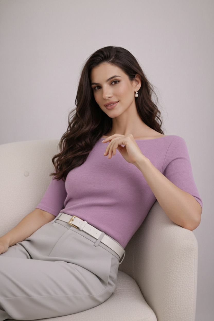 Woman wearing a purple top and gray pants sitting on a white chair against a plain background