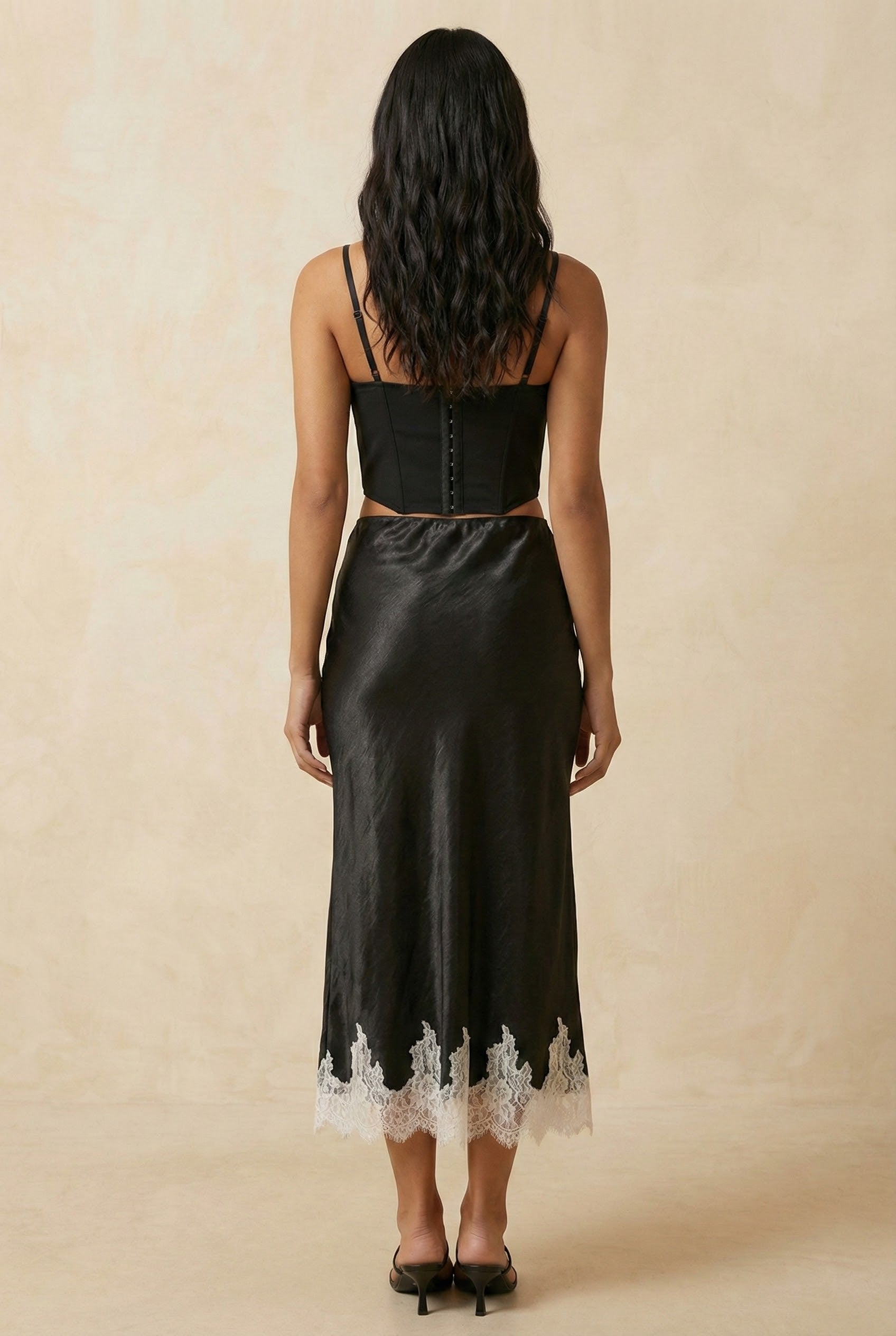 Satin Midi Skirt with Lace Trim