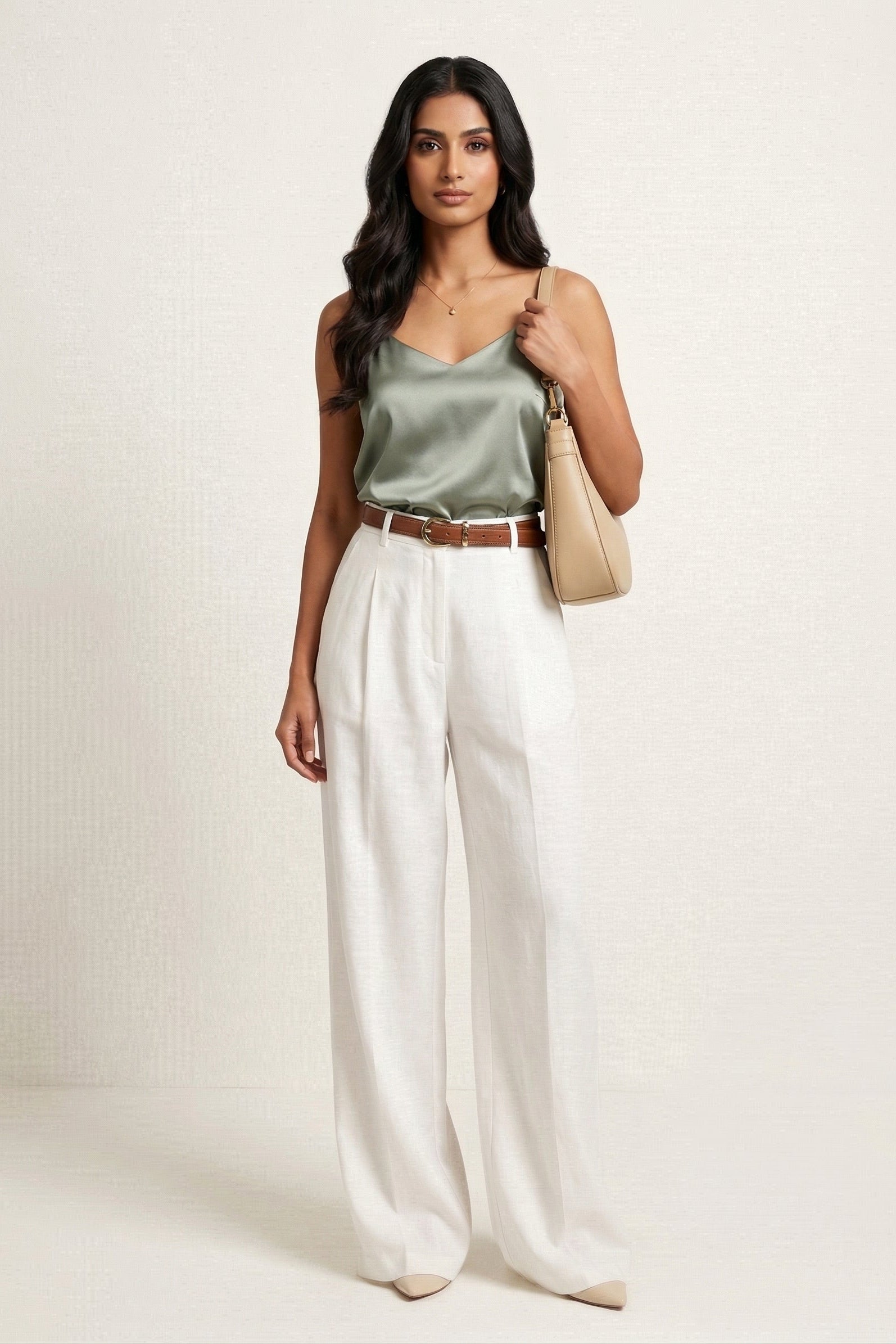 Woman wearing a green top and white pants with a beige handbag on a white background