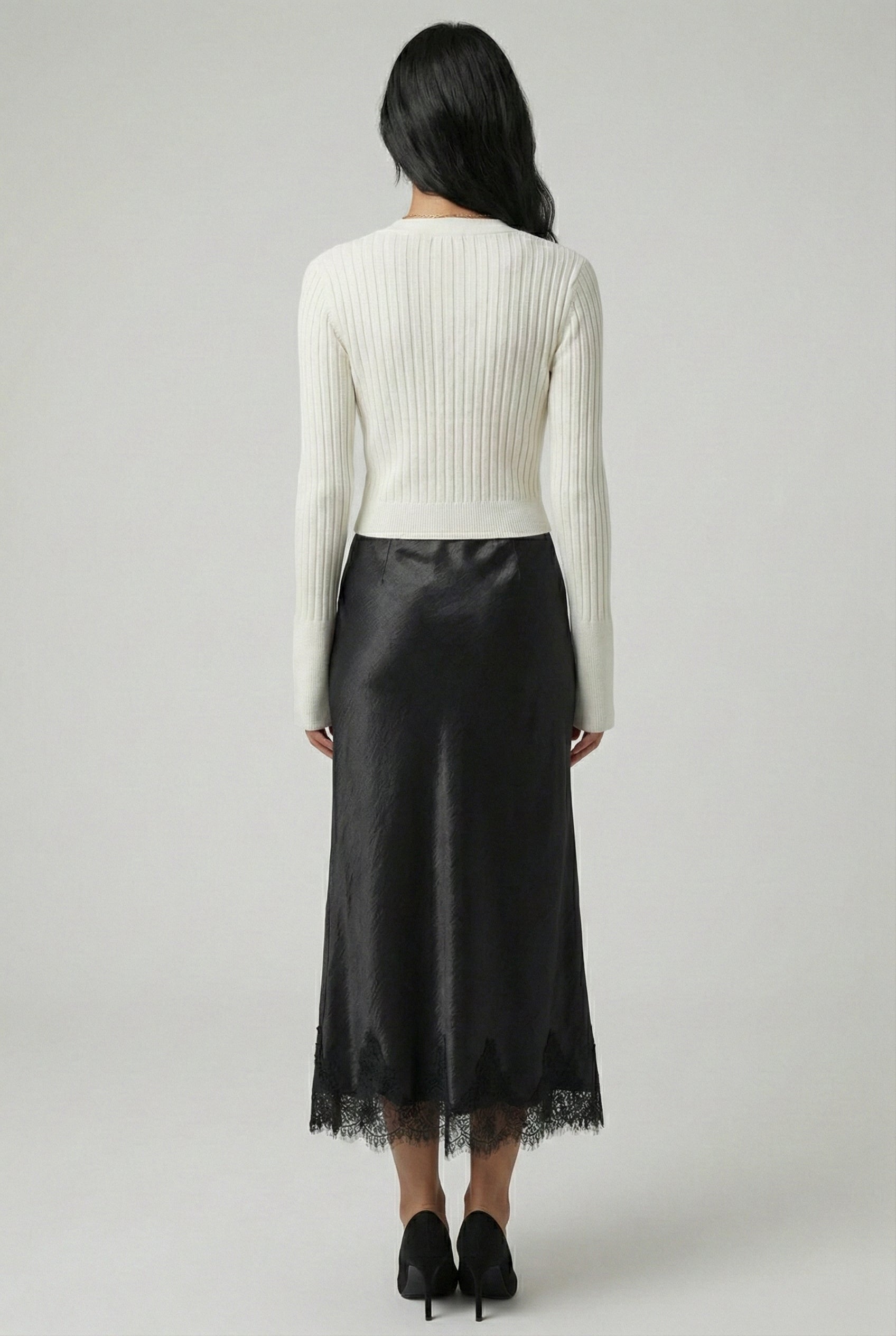 Satin Midi Skirt with Lace Trim