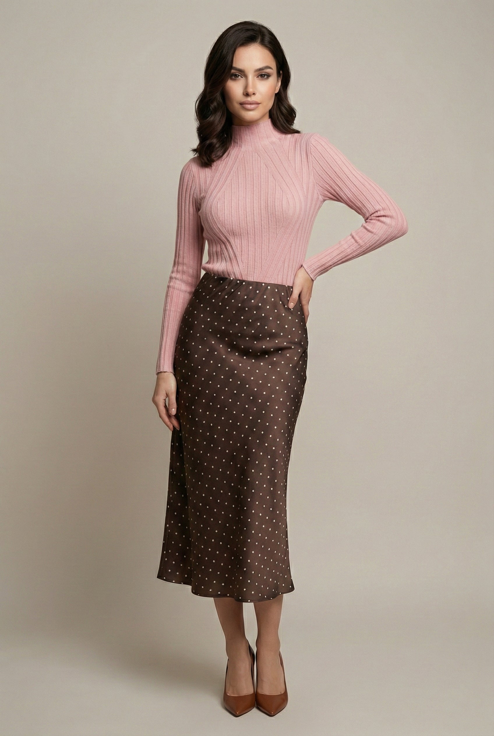 Polka Dot Satin Midi Skirt in Chocolate