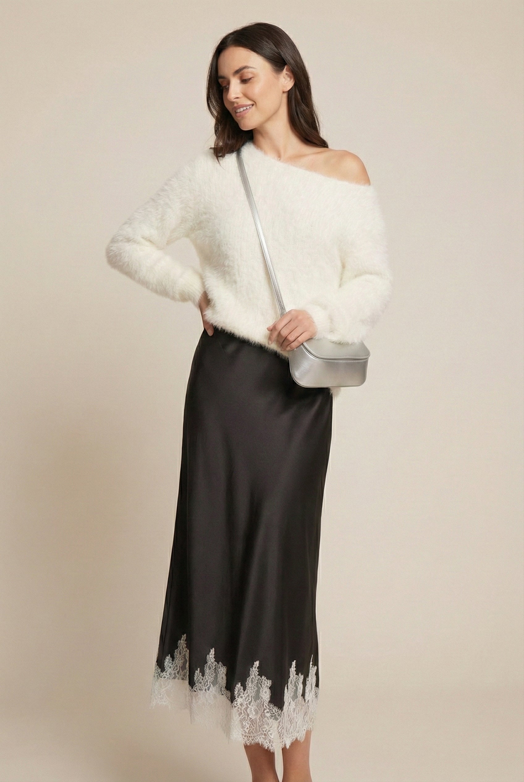 Satin Midi Skirt with Lace Trim