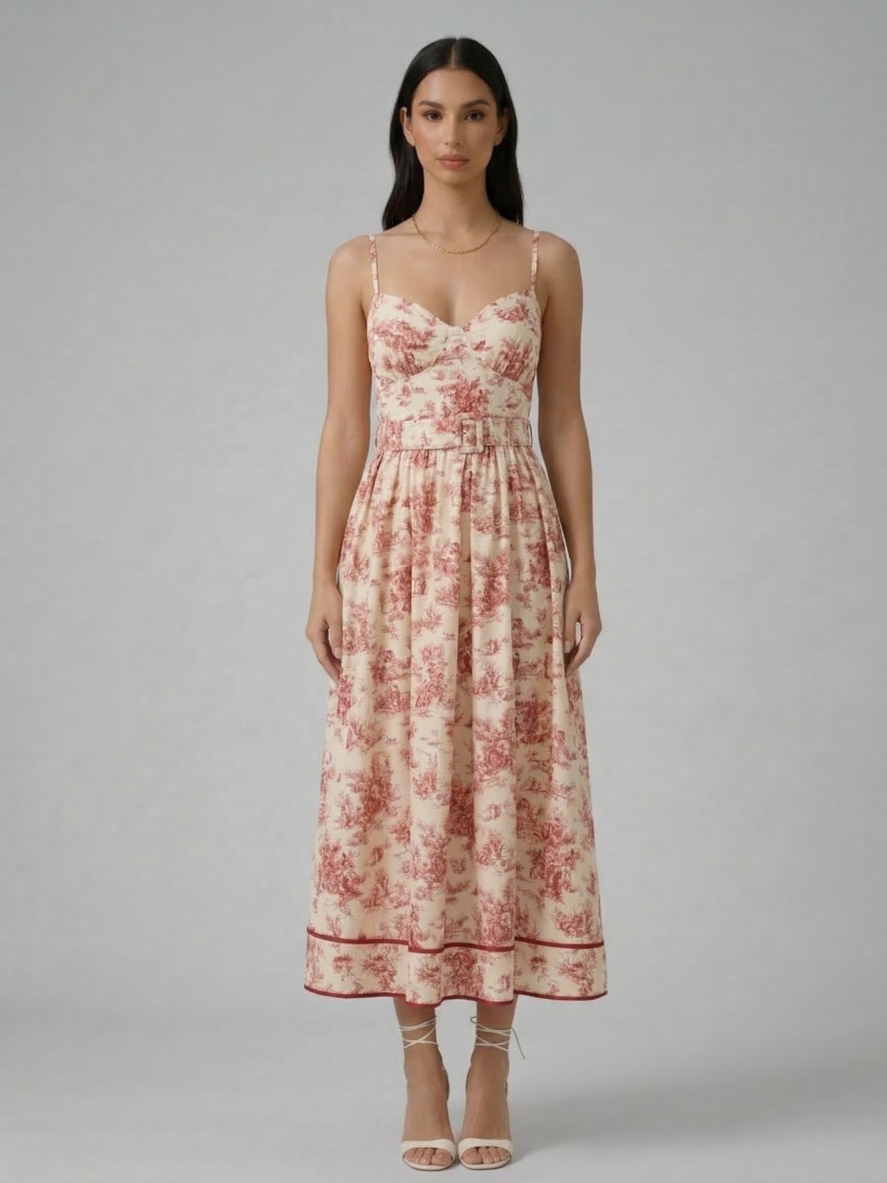 Vintage Belted Floral Midi Dress - Blue