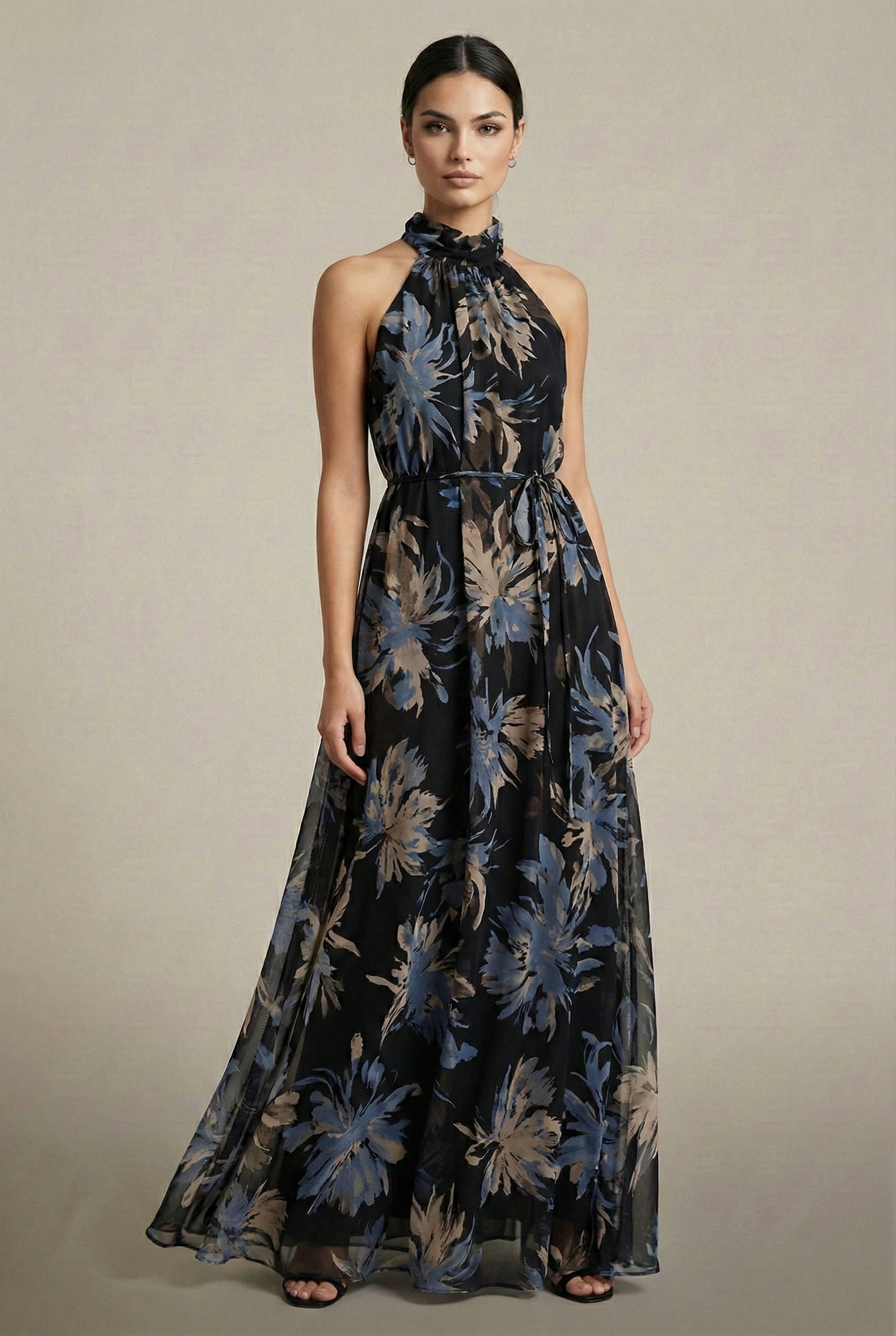 Halter Backless Maxi Dress in Abstract Floral Chiffon