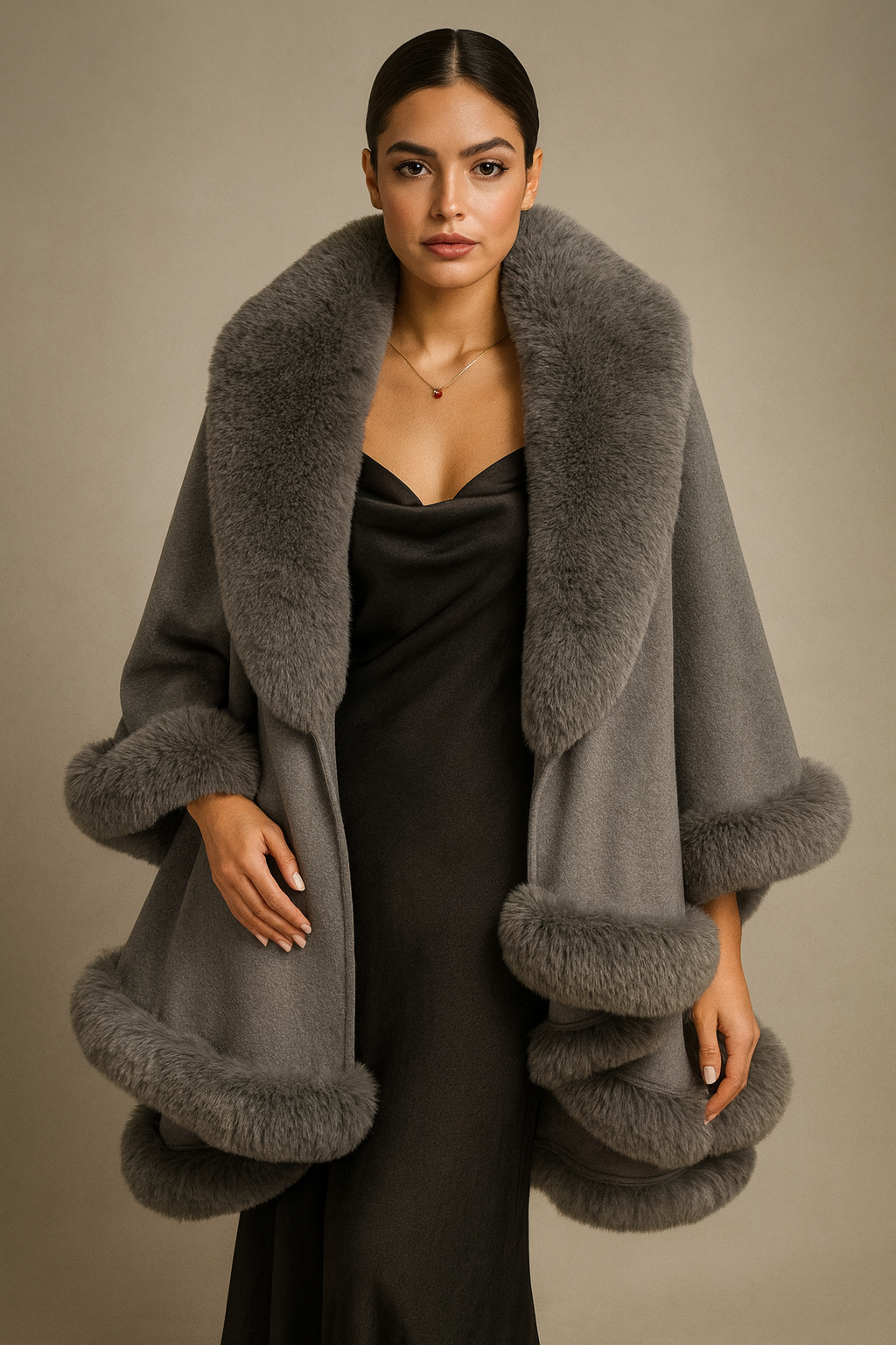 Burgundy Faux Fur Trim Cape