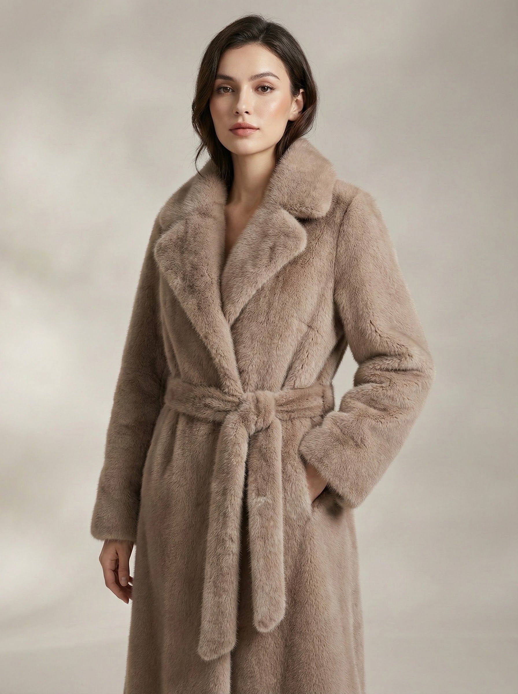 Almond Lux Faux Mink Long Coat