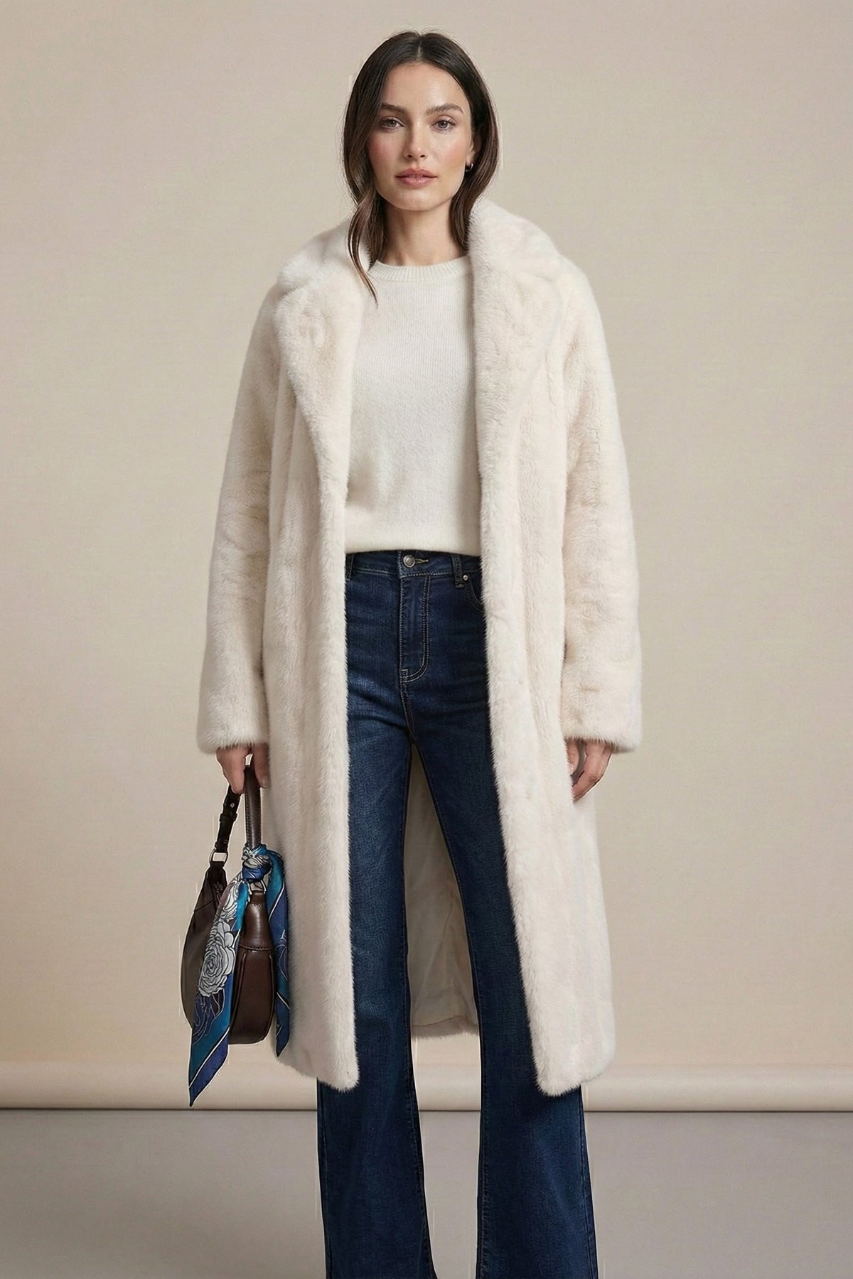 A woman stands against a plain beige studio background wearing a long cream faux-fur coat over a cream sweater and dark blue jeans, holding a brown handbag with a blue scarf.