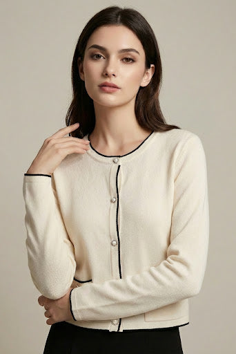 Woman wearing a cream-colored cardigan with black trim on a neutral background
