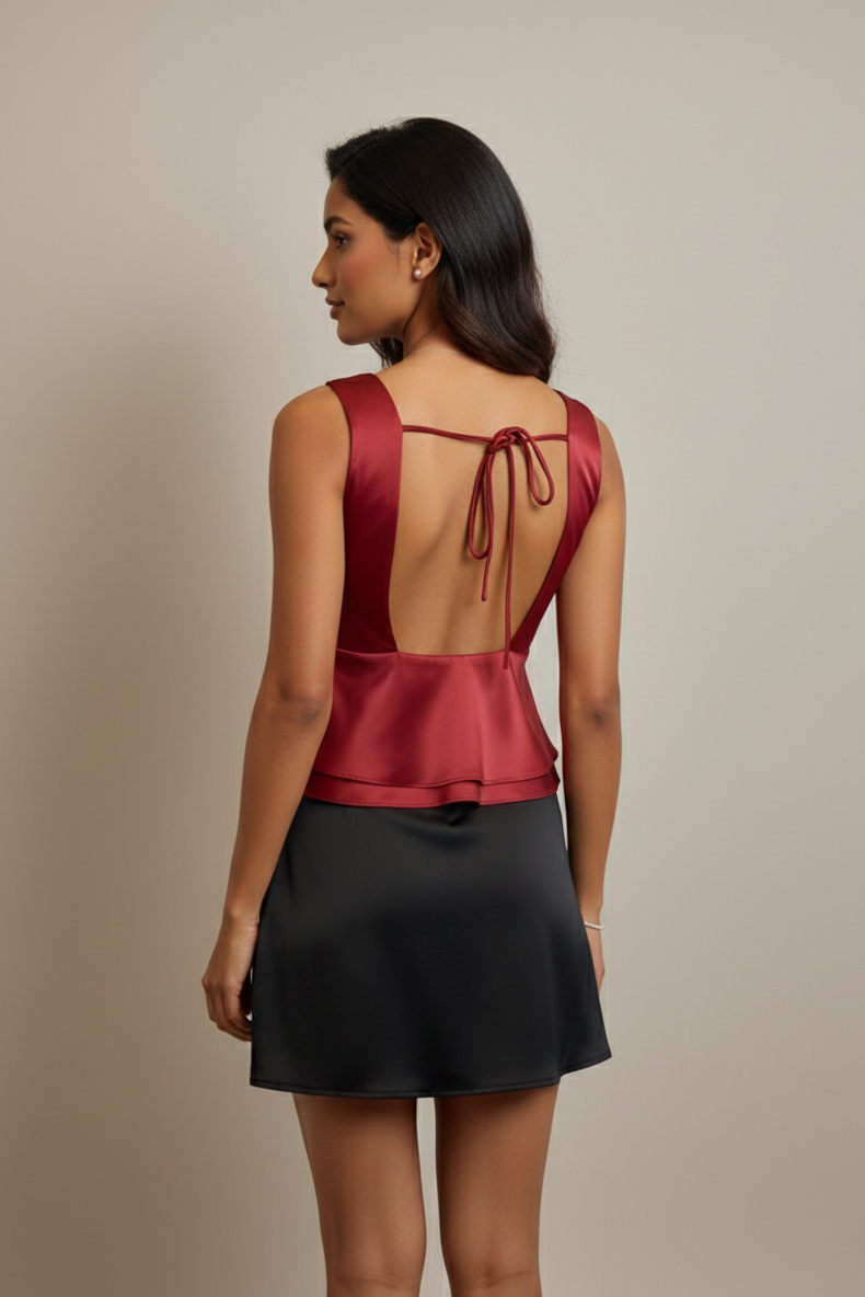 Woman wearing a red satin top with an open back and a black skirt on a beige background
