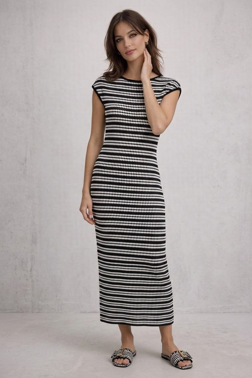 Black & White Striped Knit Maxi Dress