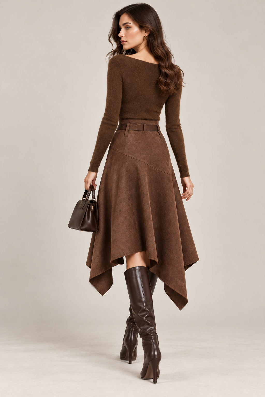 Chocolate Suede Belted Handkerchief Skirt