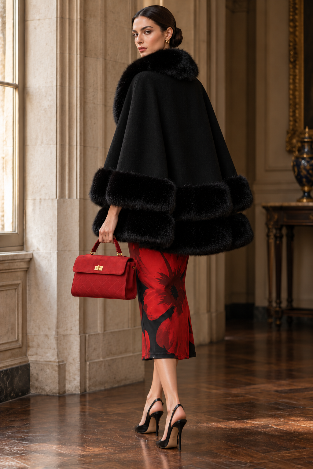 Luxe Faux Fur Trim Cape