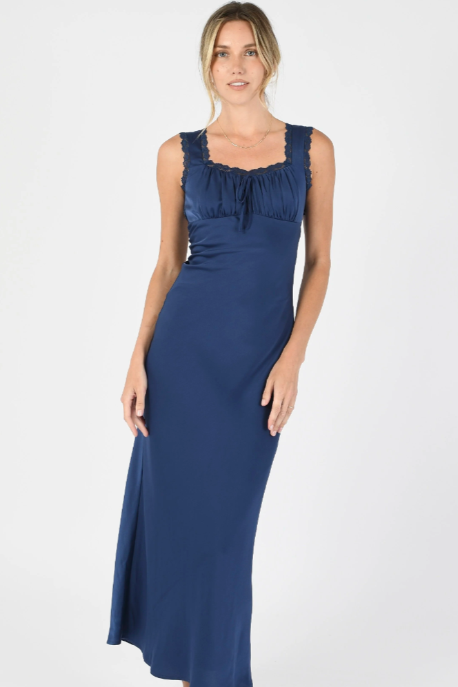 Navy Satin Lace-Trim Maxi Dress