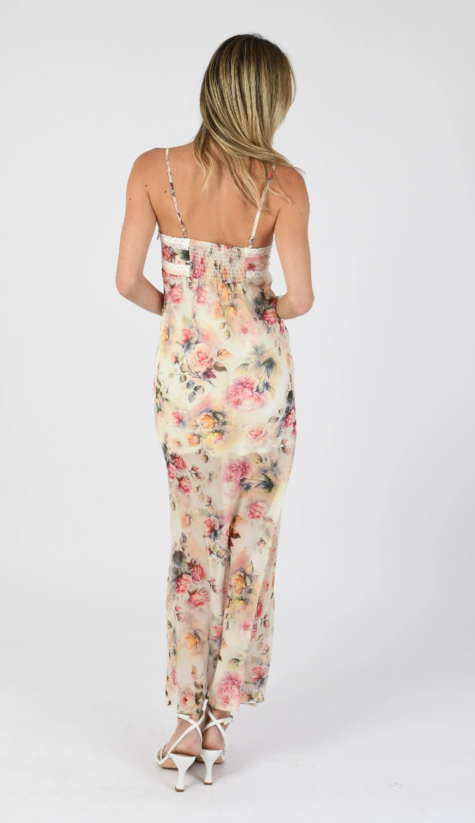 Pink Floral Lace-Trim Maxi Dress