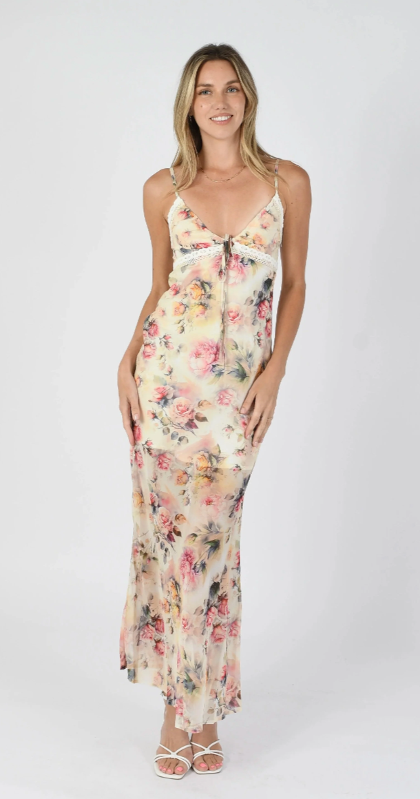 Pink Floral Lace-Trim Maxi Dress