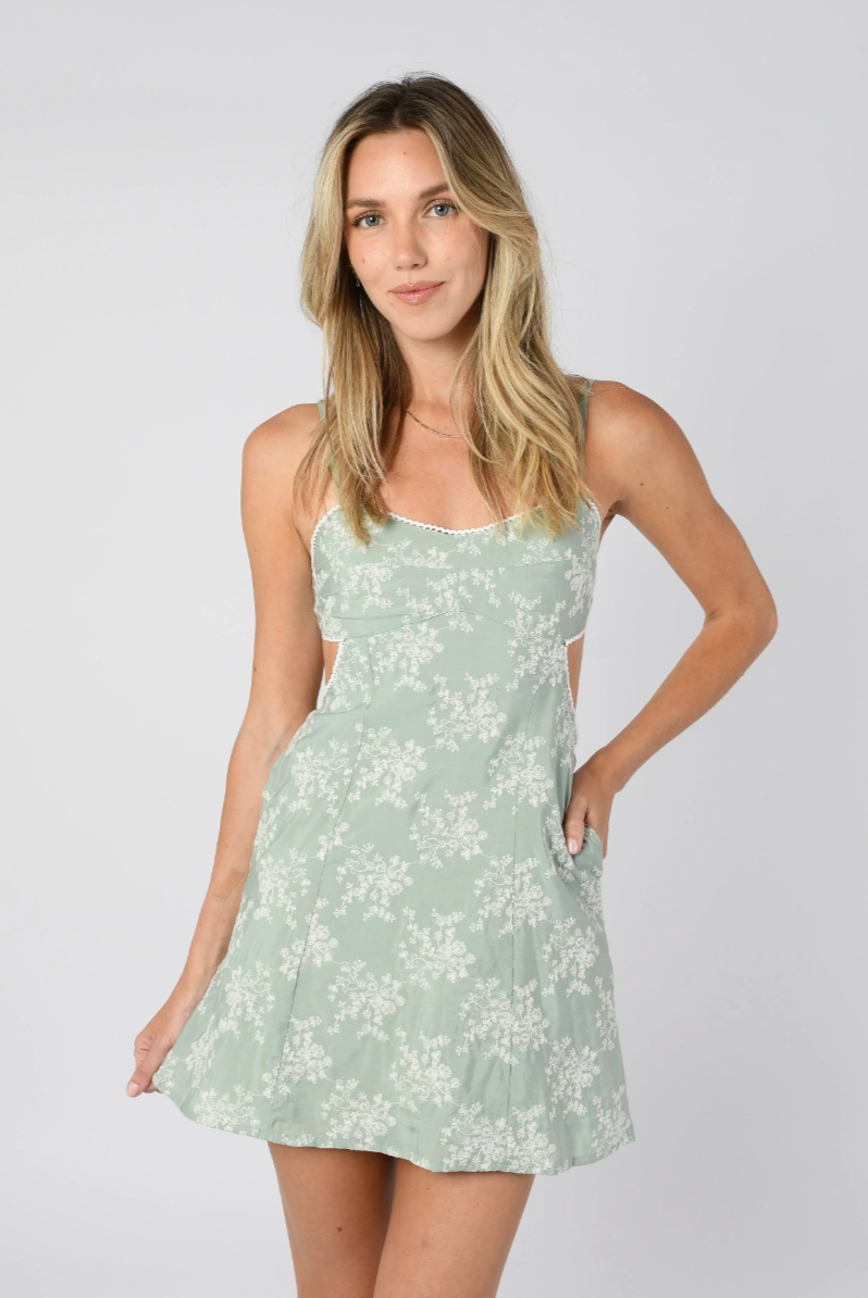 Sage Embroidered Cut-Out Mini Dress