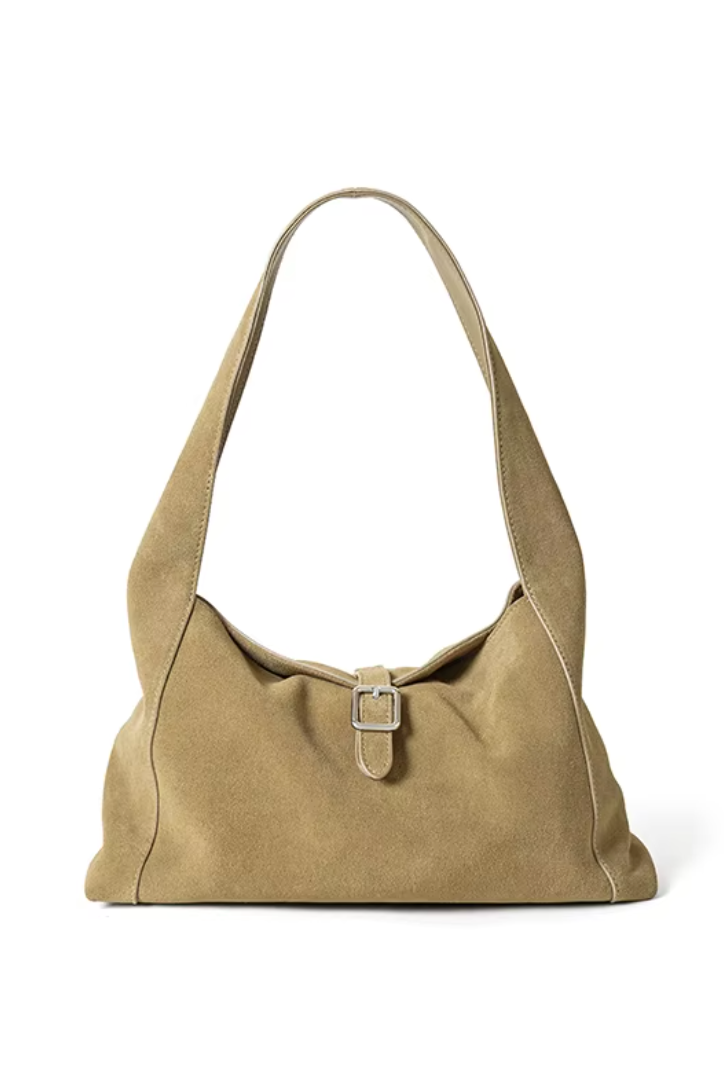 Beige handbag with a strap on a white background