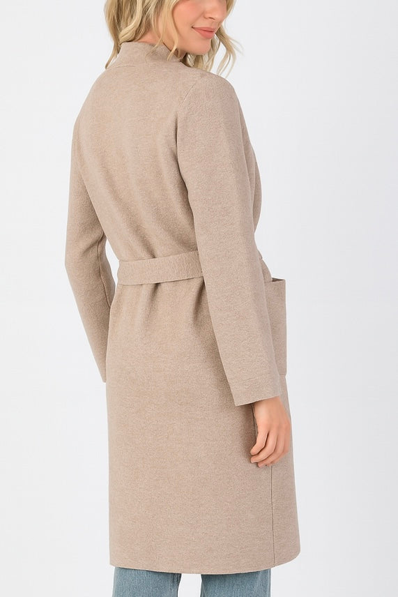 Collarless Belted Cardigan Winter White